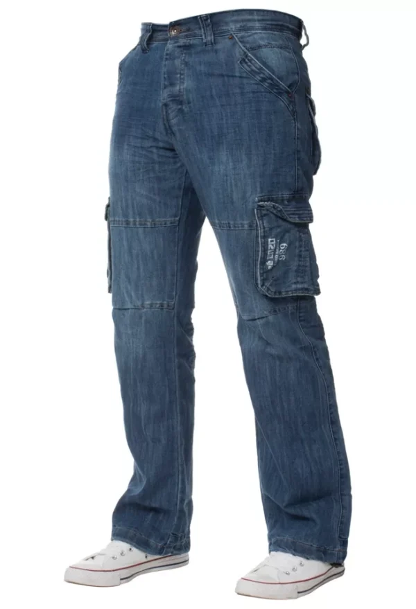 Enzo Mens Cargo Combat Jeans Denim Trouser Casual Work Pants In Mid Stonewash - Image 2