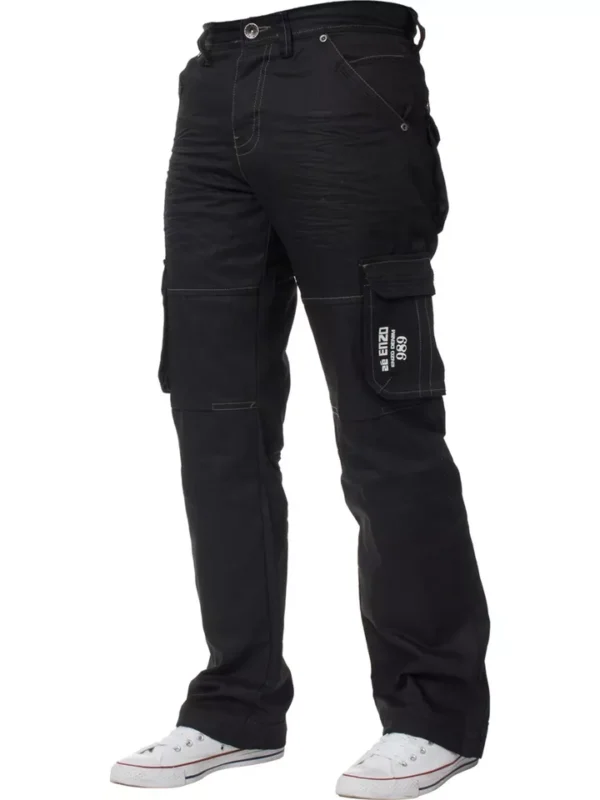 Enzo Mens Cargo Combat Jeans Denim Trouser Casual Work Pants In Black Coated - Image 2