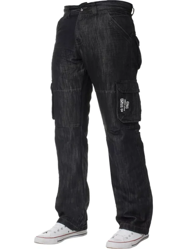 Enzo Mens Cargo Combat Jeans Denim Trouser Casual Work Pants In Black Wash - Image 2