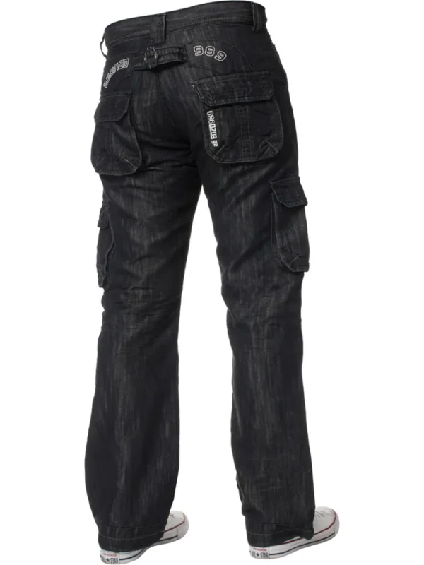 Enzo Mens Cargo Combat Jeans Denim Trouser Casual Work Pants In Black Wash - Image 3