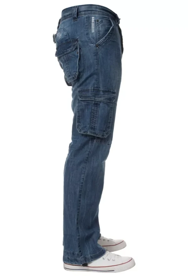 Enzo Mens Cargo Combat Jeans Denim Trouser Casual Work Pants In Mid Stonewash - Image 4