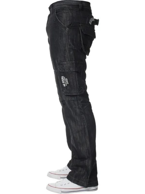 Enzo Mens Cargo Combat Jeans Denim Trouser Casual Work Pants In Black Wash - Image 4