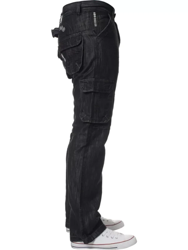 Enzo Mens Cargo Combat Jeans Denim Trouser Casual Work Pants In Black Wash - Image 5