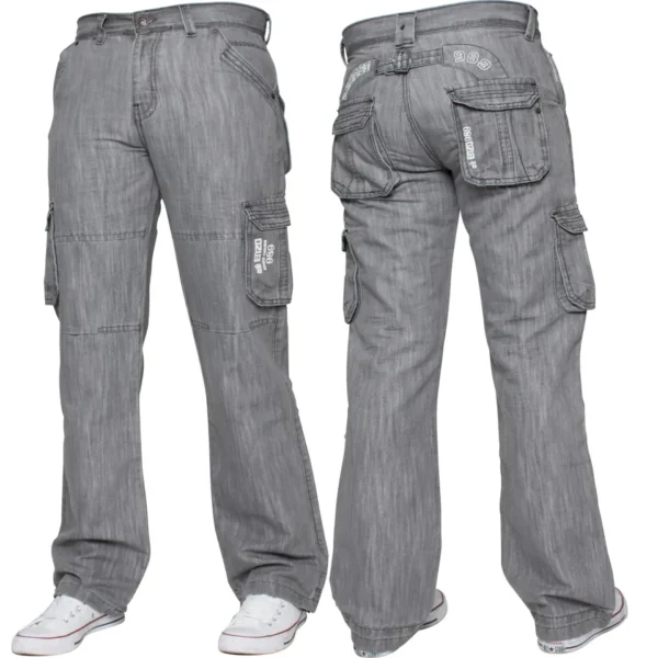 Enzo Mens Cargo Combat Jeans Denim Trouser Casual Work Pants In Grey