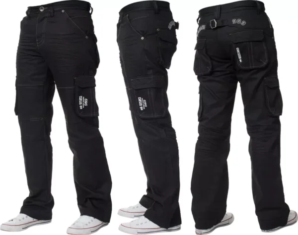 Enzo Mens Cargo Combat Jeans Denim Trouser Casual Work Pants In Black Coated