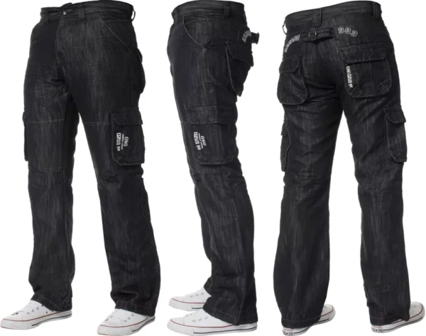 Enzo Mens Cargo Combat Jeans Denim Trouser Casual Work Pants In Black Wash